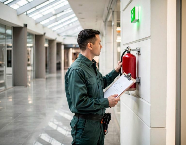 Brandschutzbeauftragter prüft einen Feuerlöscher im Einkaufszentrum