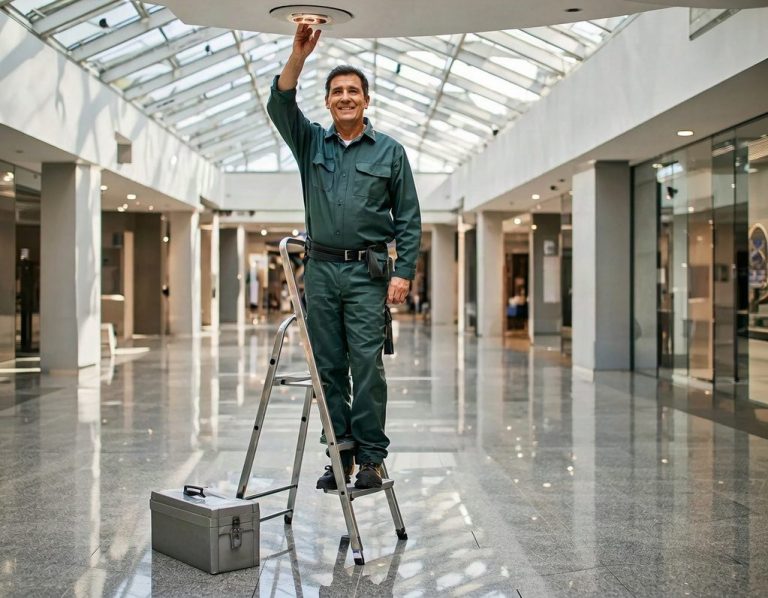 Hausmeister wechselt eine Deckenleuchte im Einkaufszentrum
